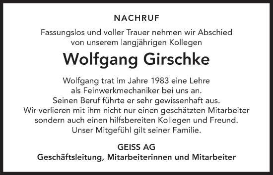 Anzeige von Wolfgang Girschke von MGO