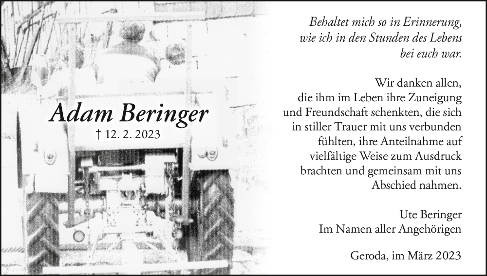  Traueranzeige für Adam Beringer vom 11.03.2023 aus MGO