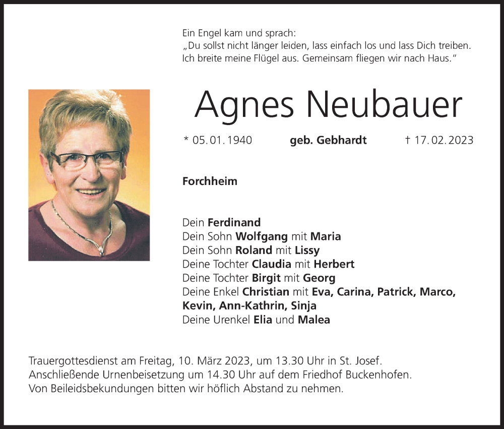  Traueranzeige für Agnes Neubauer vom 04.03.2023 aus MGO