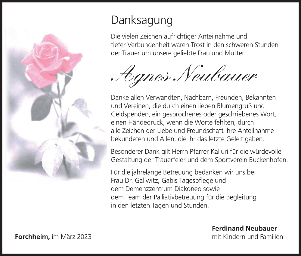  Traueranzeige für Agnes Neubauer vom 18.03.2023 aus MGO