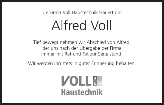 Anzeige von Alfred Voll von MGO
