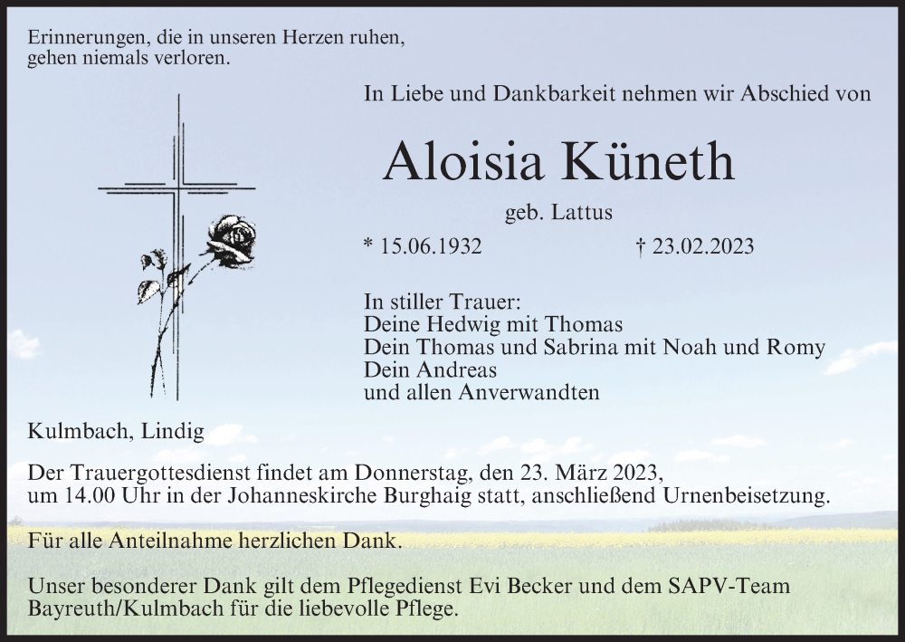  Traueranzeige für Aloisia Küneth vom 18.03.2023 aus MGO