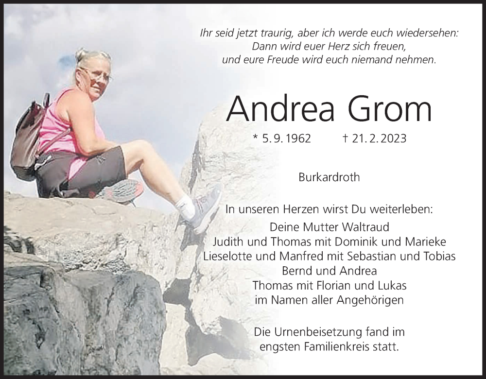  Traueranzeige für Andrea Grom vom 11.03.2023 aus MGO