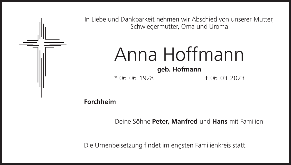  Traueranzeige für Anna Hoffmann vom 11.03.2023 aus MGO