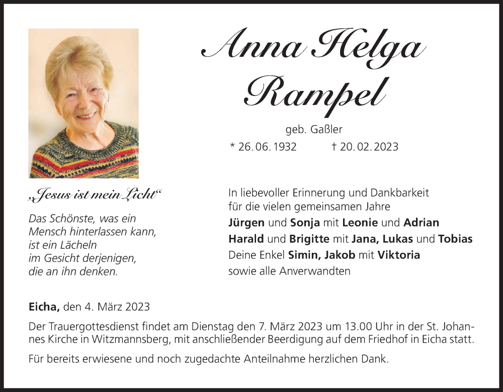  Traueranzeige für Anna Helga Rampel vom 04.03.2023 aus MGO