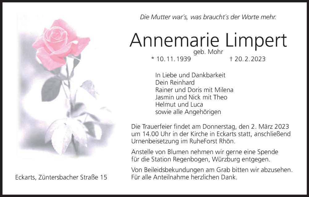  Traueranzeige für Annemarie Limpert vom 28.02.2023 aus MGO
