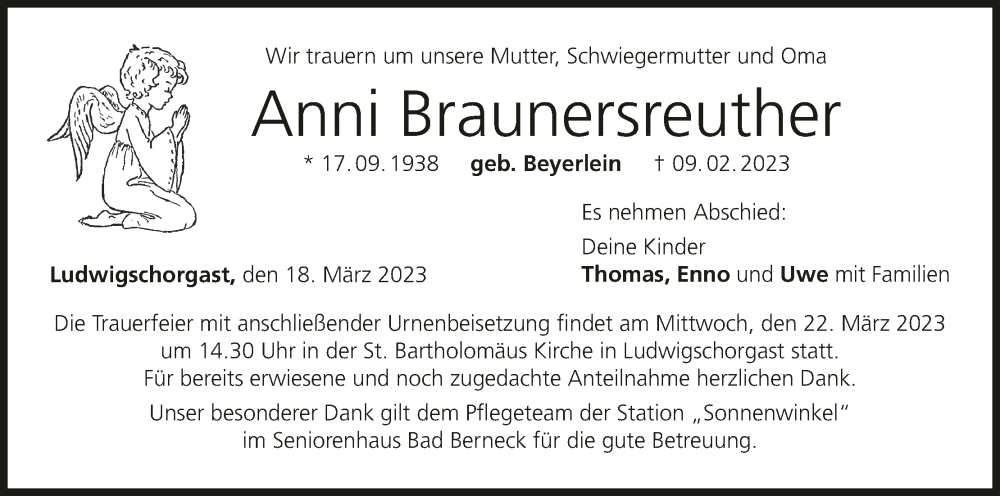  Traueranzeige für Anni Braunersreuther vom 18.03.2023 aus MGO