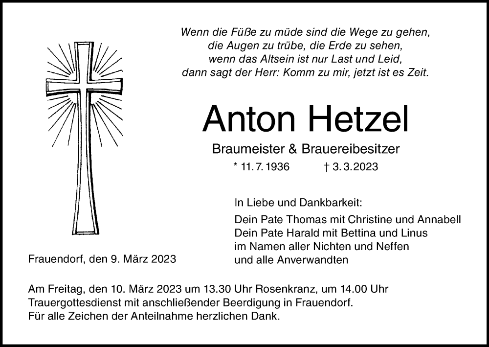  Traueranzeige für Anton Hetzel vom 09.03.2023 aus MGO