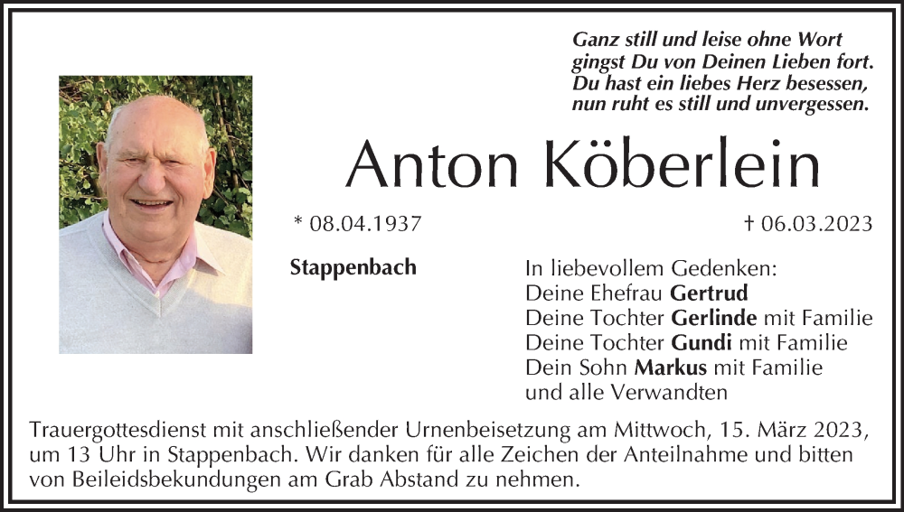  Traueranzeige für Anton Köberlein vom 11.03.2023 aus MGO