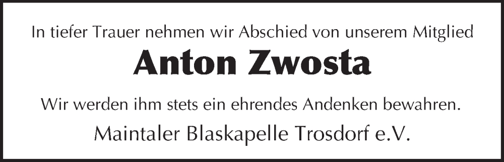  Traueranzeige für Anton Zwosta vom 11.03.2023 aus MGO
