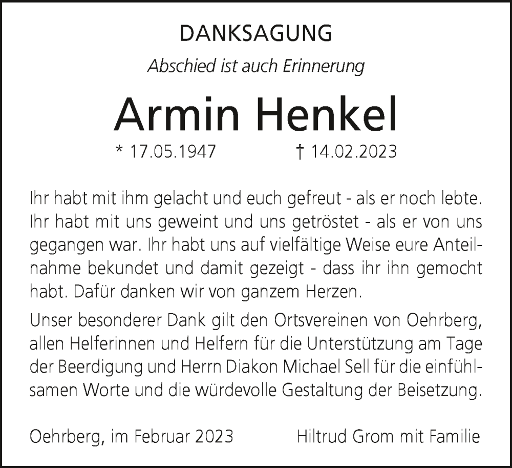  Traueranzeige für Armin Henkel vom 11.03.2023 aus MGO