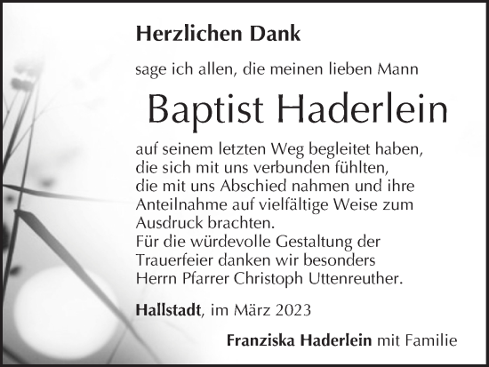 Anzeige von Baptist Haderlein von MGO