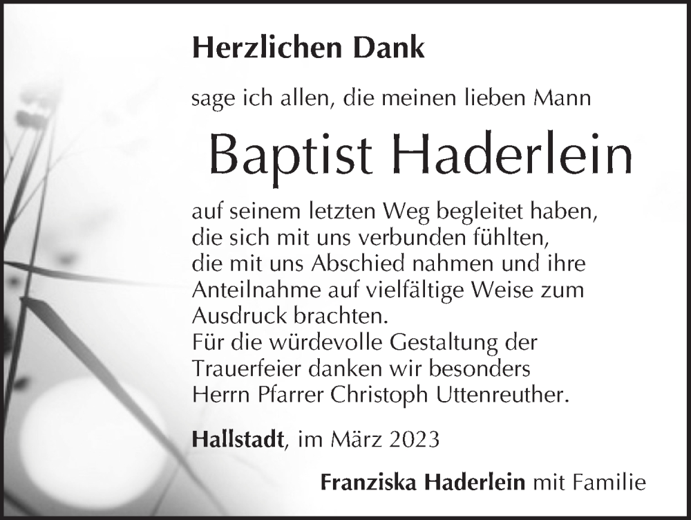  Traueranzeige für Baptist Haderlein vom 25.03.2023 aus MGO