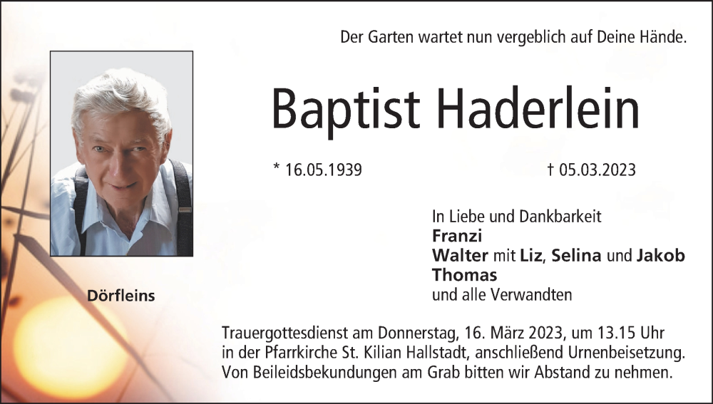  Traueranzeige für Baptist Haderlein vom 11.03.2023 aus MGO