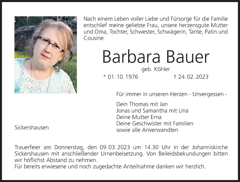  Traueranzeige für Barbara Bauer vom 04.03.2023 aus MGO
