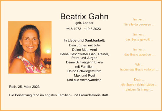 Anzeige von Beatrix Gahn von MGO