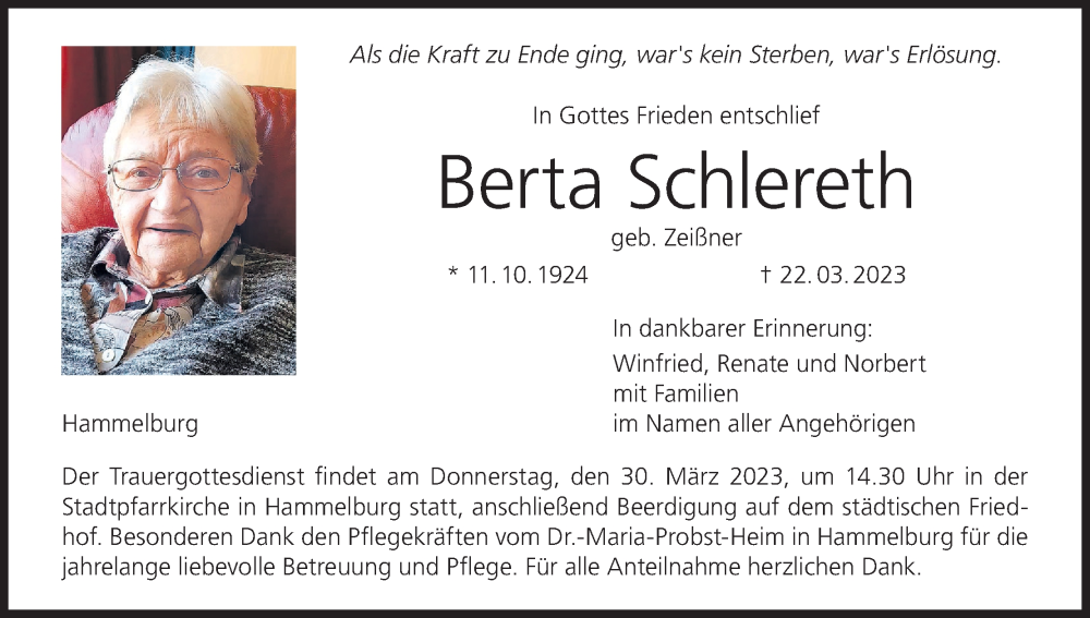  Traueranzeige für Berta Schlereth vom 27.03.2023 aus MGO