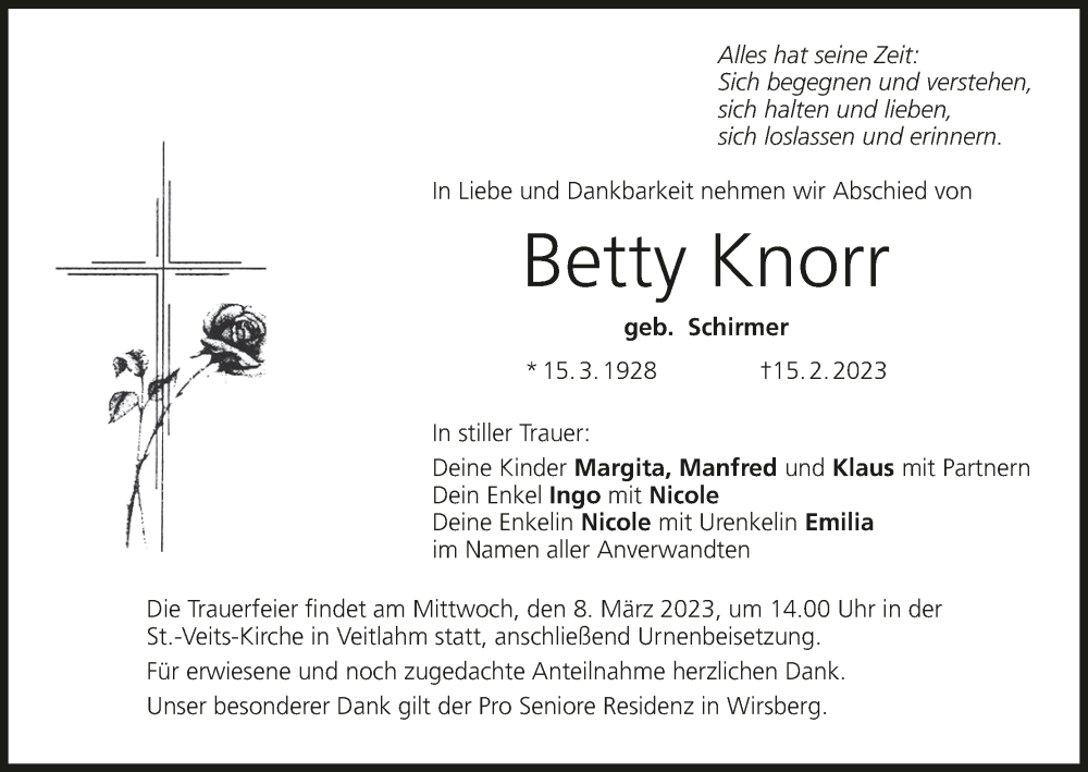  Traueranzeige für Betty Knorr vom 04.03.2023 aus MGO