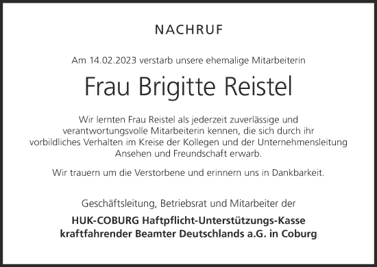 Anzeige von Brigitte Reistel von MGO