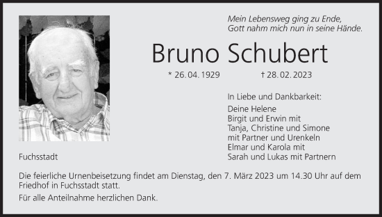 Anzeige von Bruno Schubert von MGO