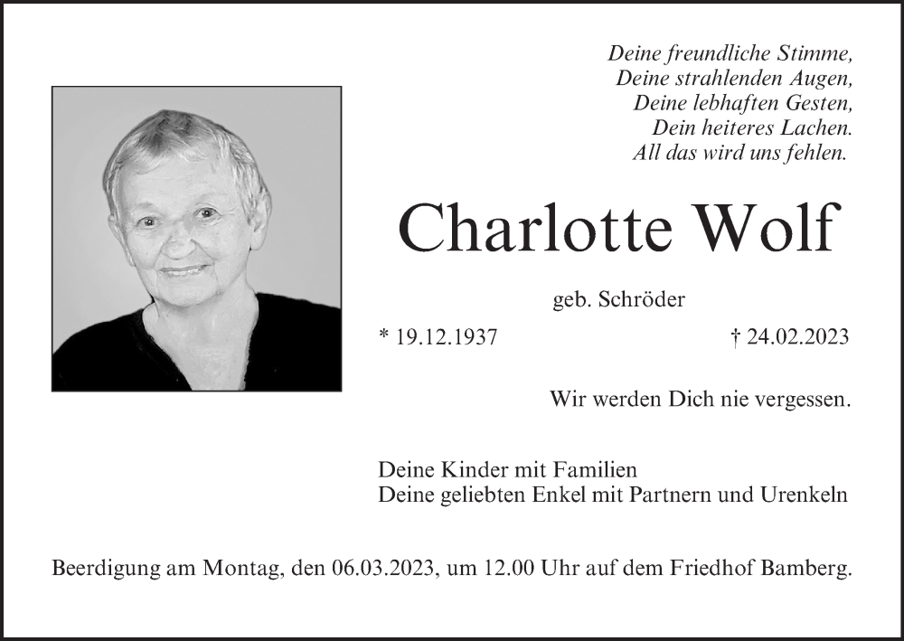  Traueranzeige für Charlotte Wolf vom 04.03.2023 aus MGO