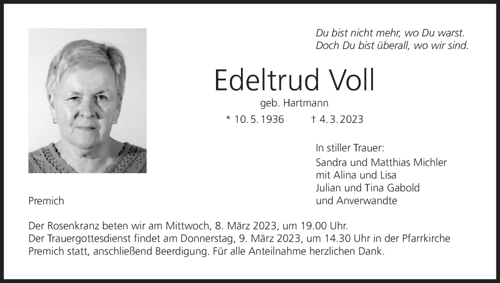 Traueranzeige für Edeltrud Voll vom 07.03.2023 aus MGO