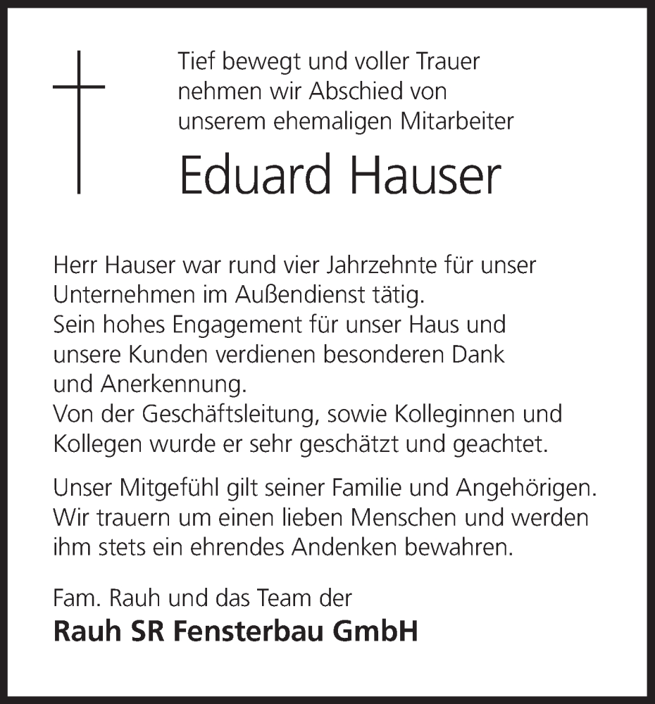  Traueranzeige für Eduard Hauser vom 01.04.2023 aus MGO