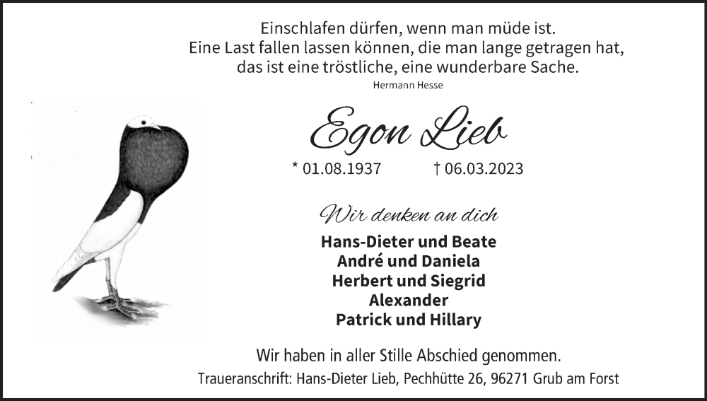  Traueranzeige für Egon Lieb vom 15.03.2023 aus MGO