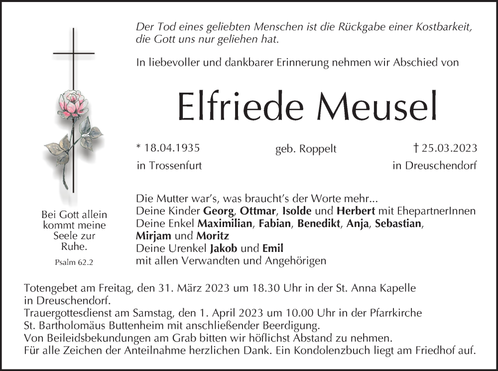 Traueranzeige für Elfriede Meusel vom 29.03.2023 aus MGO