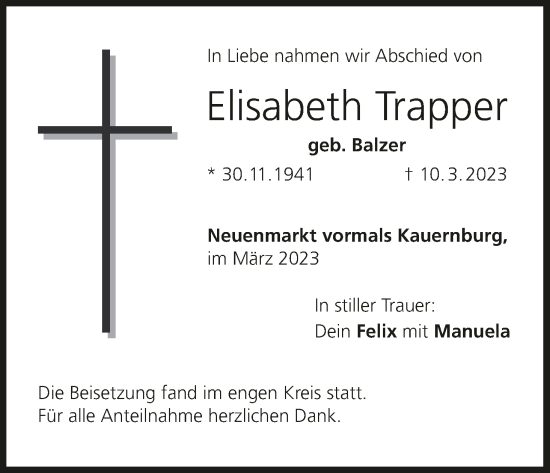 Anzeige von Elisabeth Trapper von MGO