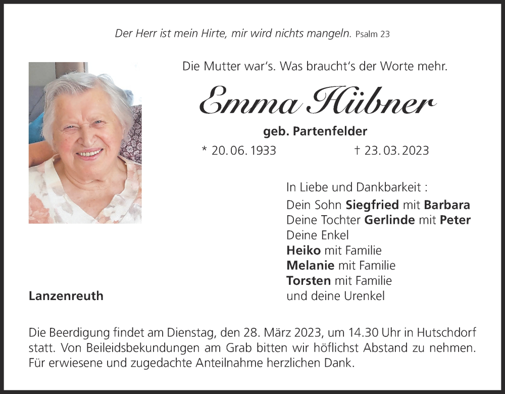  Traueranzeige für Emma Hübner vom 25.03.2023 aus MGO