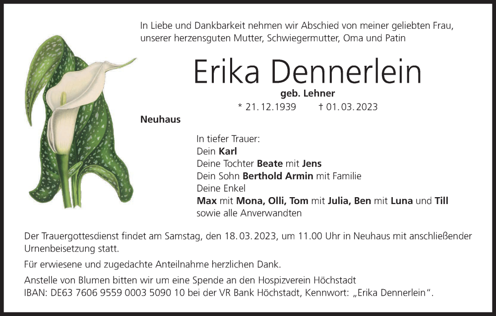  Traueranzeige für Erika Dennerlein vom 16.03.2023 aus MGO
