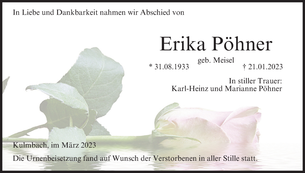  Traueranzeige für Erika Pöhner vom 04.03.2023 aus MGO