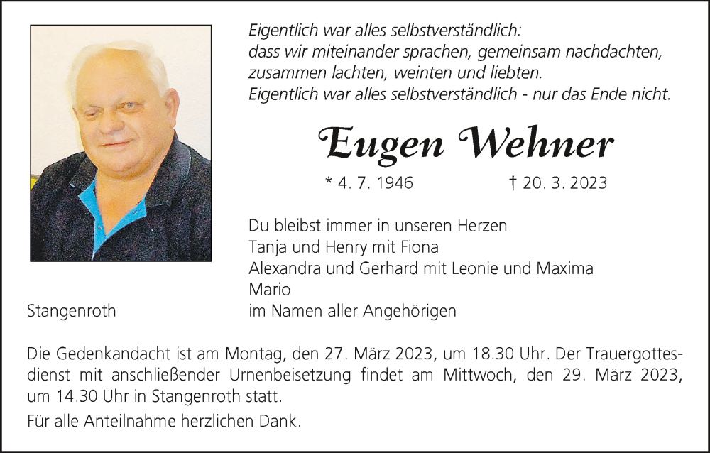  Traueranzeige für Eugen Wehner vom 25.03.2023 aus MGO