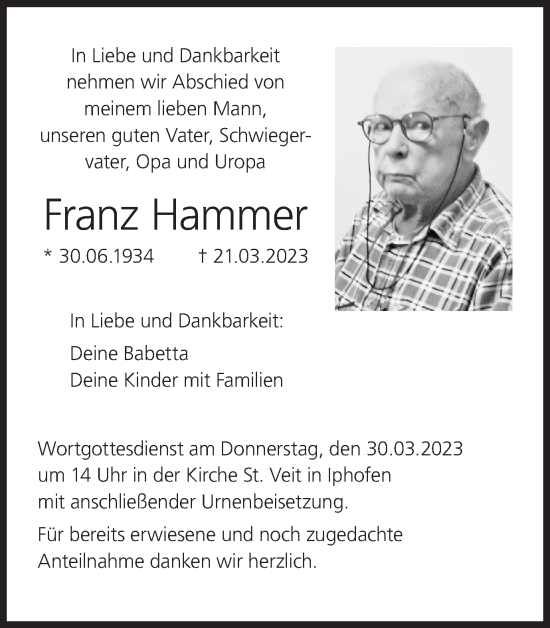 Anzeige von Franz Hammer von MGO