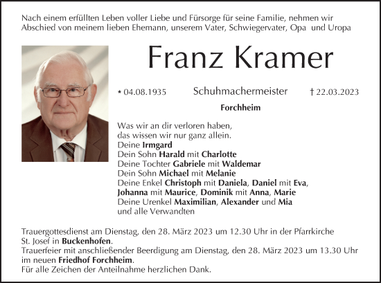 Anzeige von Franz Kramer von MGO