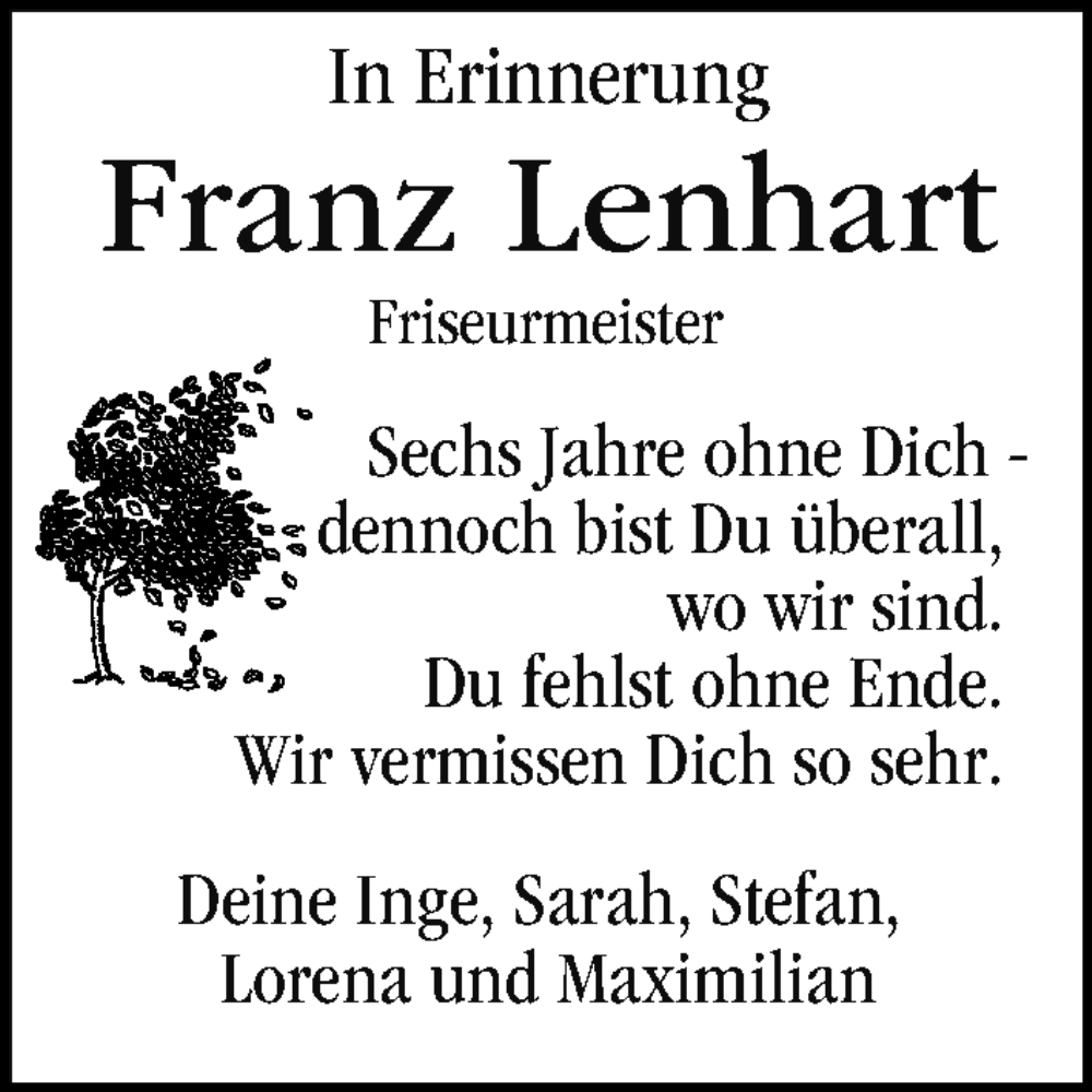  Traueranzeige für Franz Lenhart vom 27.03.2023 aus MGO