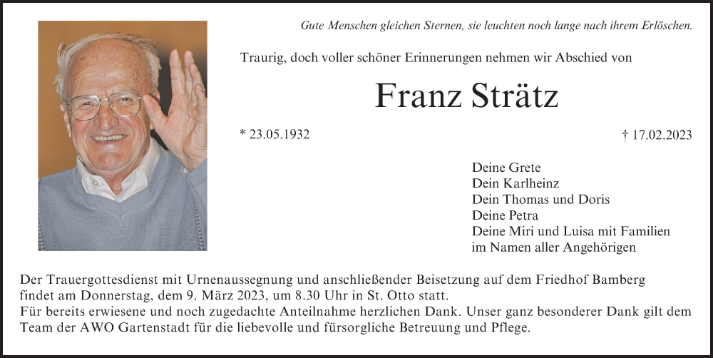  Traueranzeige für Franz Strätz vom 04.03.2023 aus MGO