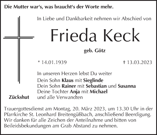 Anzeige von Frieda Keck von MGO