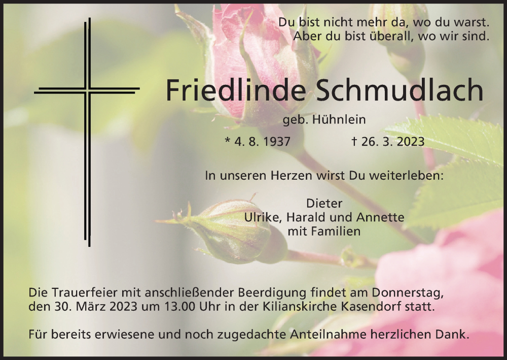  Traueranzeige für Friedlinde Schmudlach vom 29.03.2023 aus MGO