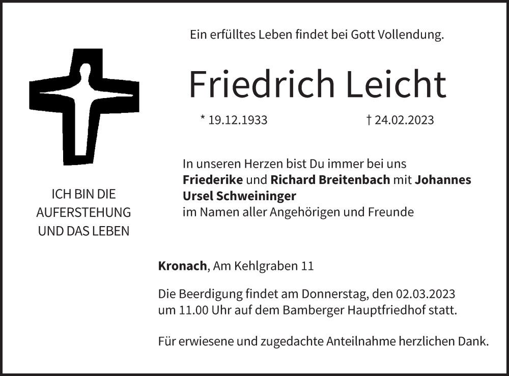  Traueranzeige für Friedrich Leicht vom 28.02.2023 aus MGO