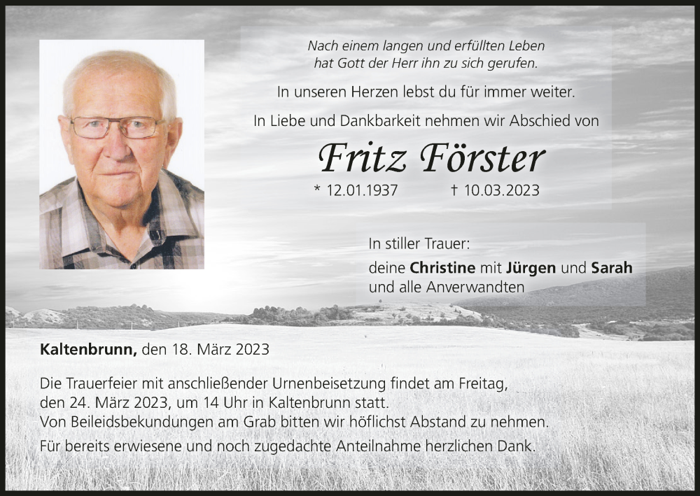  Traueranzeige für Fritz Förster vom 18.03.2023 aus MGO