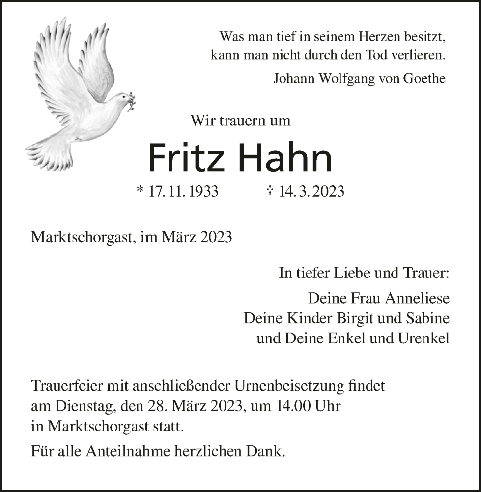  Traueranzeige für Fritz Hahn vom 25.03.2023 aus MGO