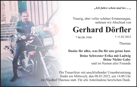Anzeige von Gerhard Dörfler von MGO