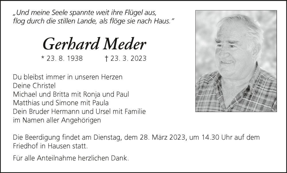  Traueranzeige für Gerhard Meder vom 25.03.2023 aus MGO