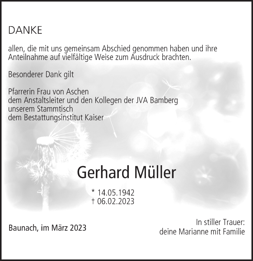 Traueranzeige für Gerhard Müller vom 18.03.2023 aus MGO