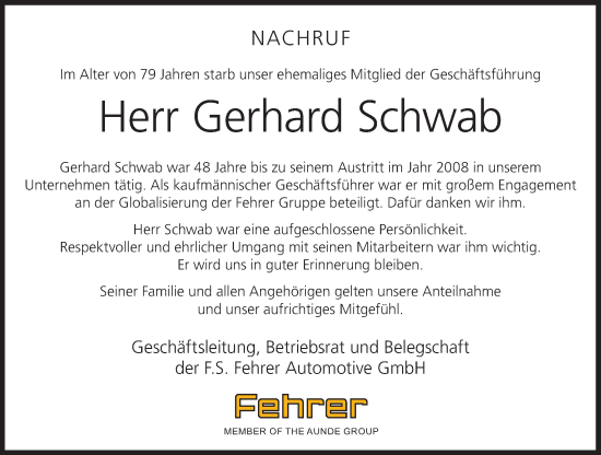 Anzeige von Gerhard Schwab von MGO