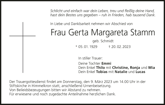 Anzeige von Gerta Margareta Stamm von MGO