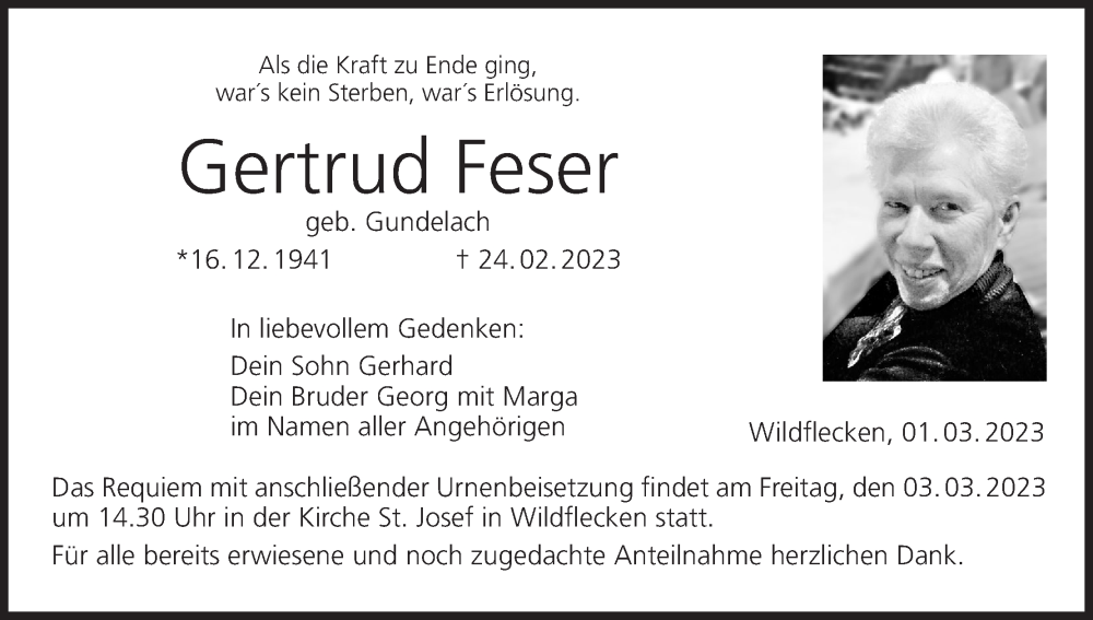  Traueranzeige für Gertrud Feser vom 01.03.2023 aus MGO