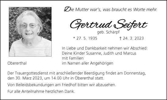 Anzeige von Gertrud Seifert von MGO